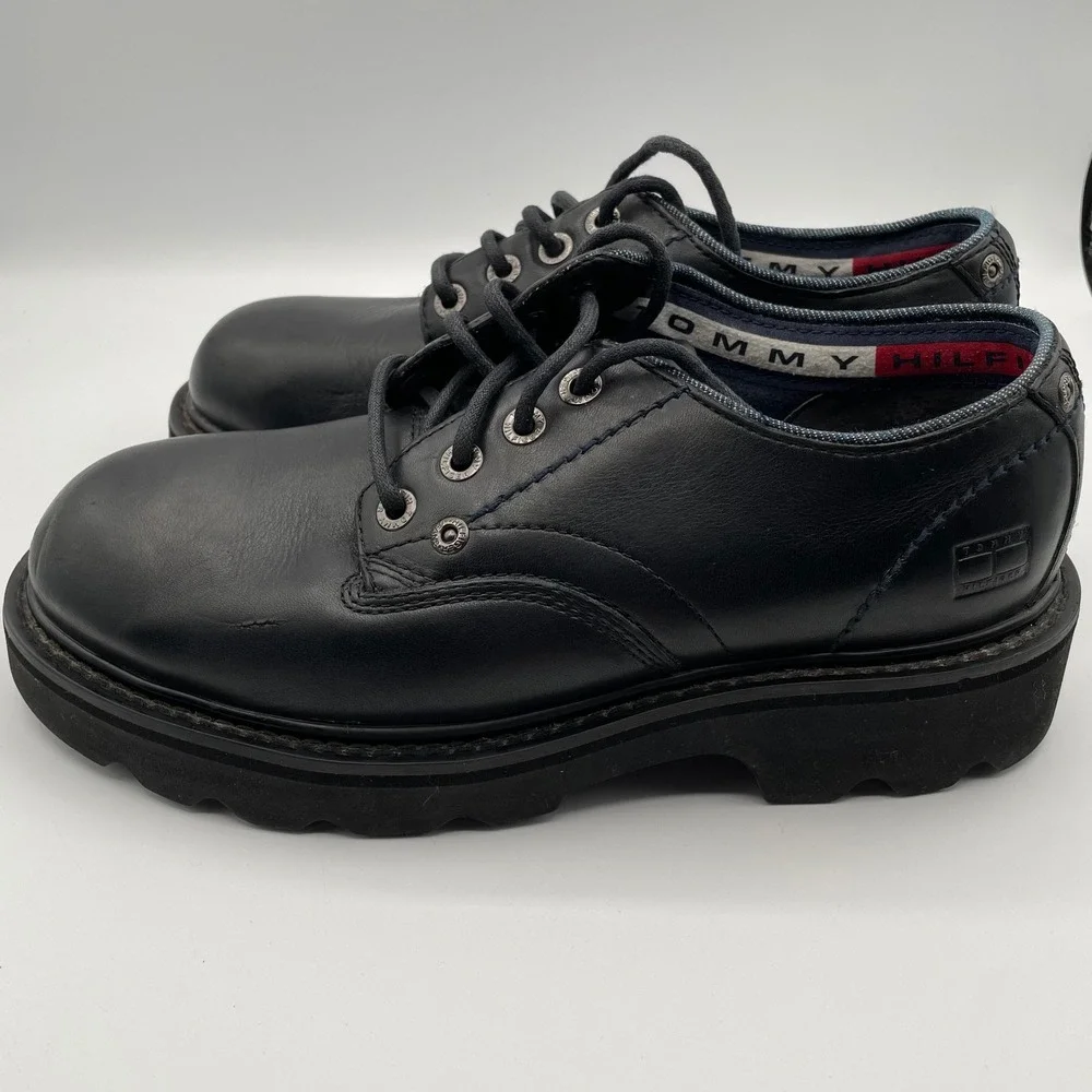 Vtg Y2K Tommy Hilfiger‎ Oxford Shoes Black Leather Lug Sole Mens 9 Grunge Street